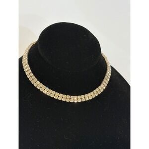 Vintage Double Row Rhinestone Choker Necklace Silver Tone Crystal Tennis Chain